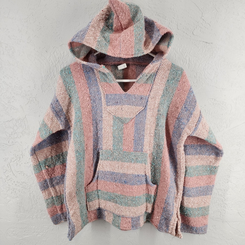 Artesanias F.R. Inc. Pink Blue Striped Baja Hoodie Mexican Poncho Pullover Small